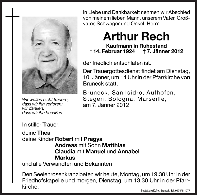  Traueranzeige für Arthur Rech vom 09.01.2012 aus Dolomiten