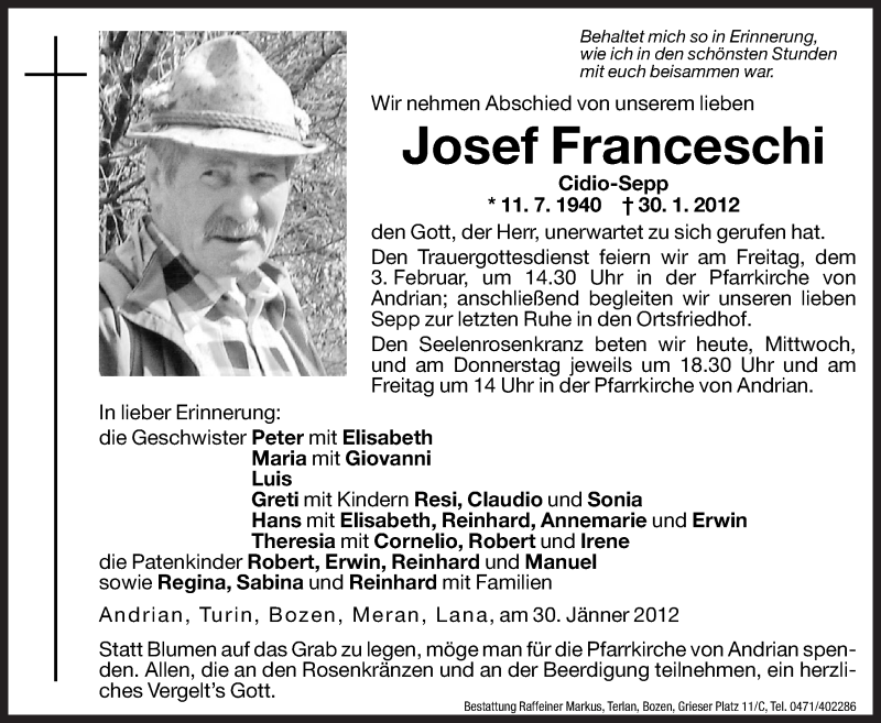  Traueranzeige für Josef Franceschi vom 01.02.2012 aus Dolomiten