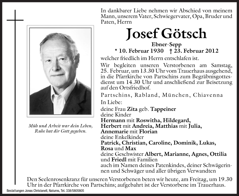  Traueranzeige für Josef Götsch vom 24.02.2012 aus Dolomiten