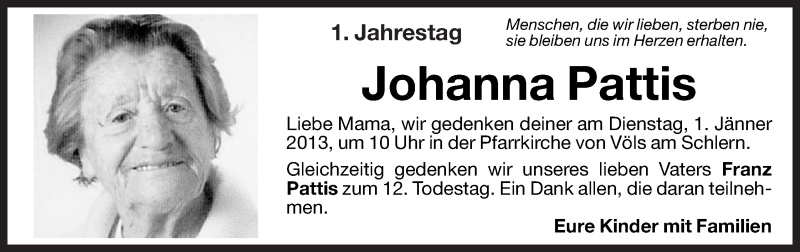  Traueranzeige für Johanna Pattis vom 31.12.2012 aus Dolomiten