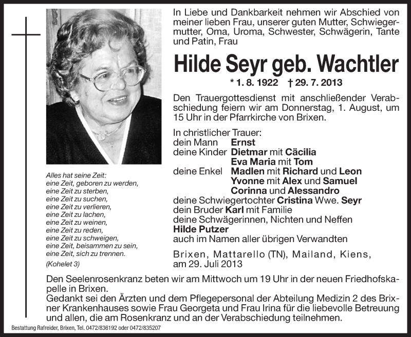  Traueranzeige für Hilde Seyr vom 30.07.2013 aus Dolomiten