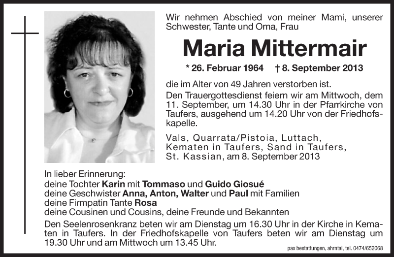  Traueranzeige für Maria Mittermair vom 10.09.2013 aus Dolomiten