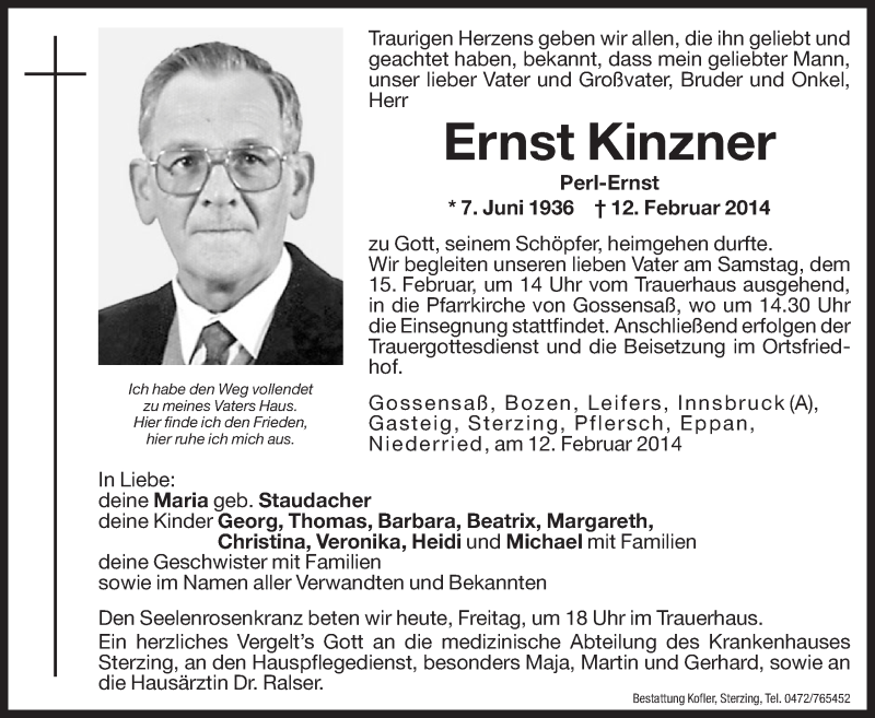  Traueranzeige für Ernst Kinzner vom 14.02.2014 aus Dolomiten