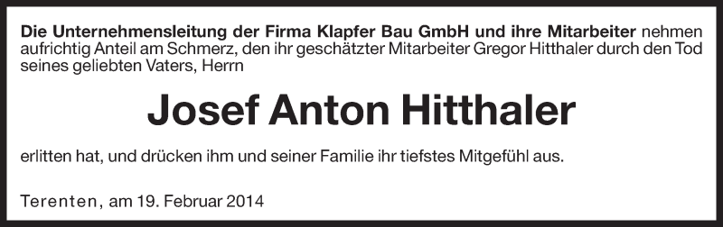  Traueranzeige für Josef Anton Hitthaler vom 20.02.2014 aus Dolomiten