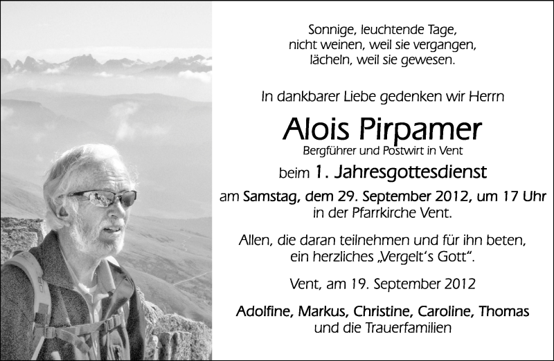  Traueranzeige für Alois Pirpamer vom 19.09.2012 aus Dolomiten