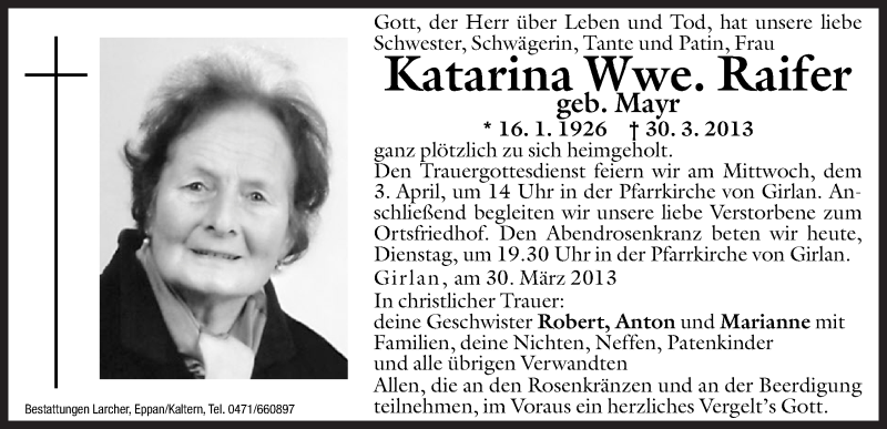  Traueranzeige für Katarina Raifer vom 02.04.2013 aus Dolomiten