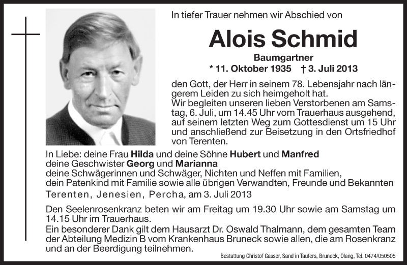  Traueranzeige für Alois Schmid vom 05.07.2013 aus Dolomiten