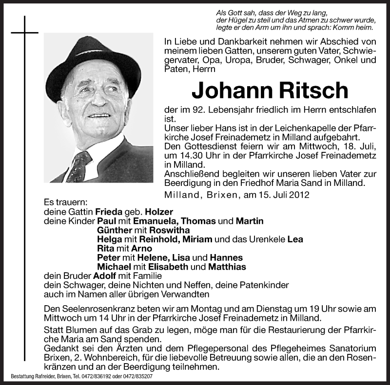  Traueranzeige für Johann Ritsch vom 16.07.2012 aus Dolomiten