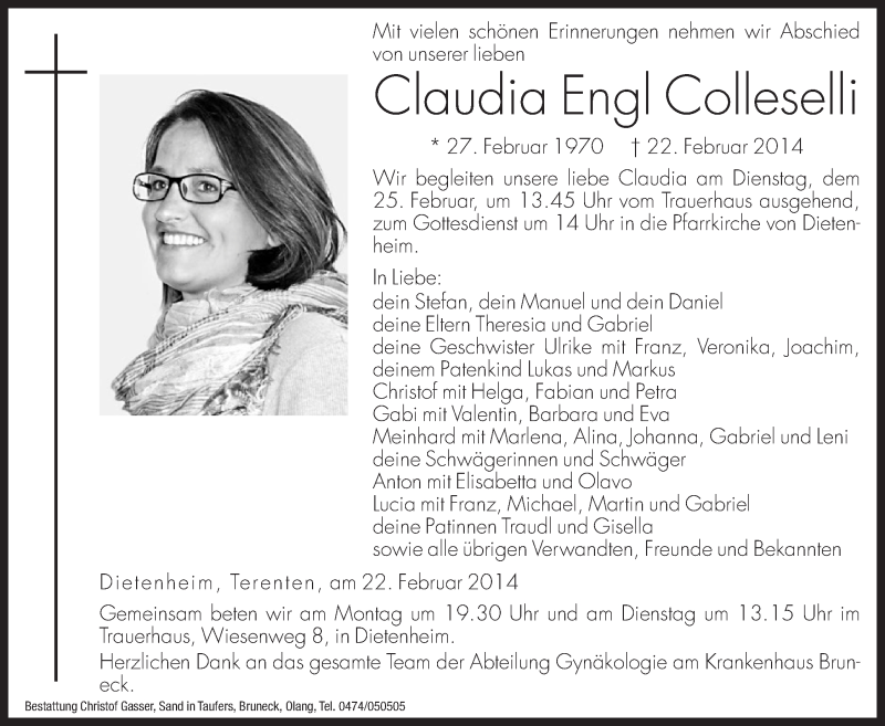  Traueranzeige für Claudia  Colleselli vom 24.02.2014 aus Dolomiten