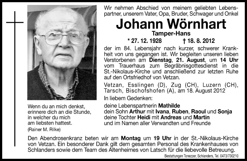  Traueranzeige für Johann Wörnhart vom 20.08.2012 aus Dolomiten