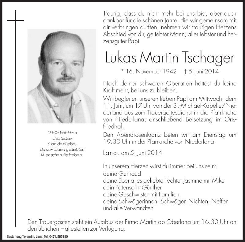  Traueranzeige für Lukas Martin Tschager vom 10.06.2014 aus Dolomiten