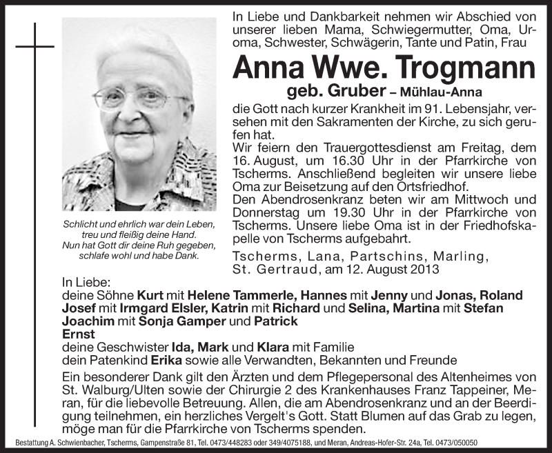  Traueranzeige für Anna Trogmann vom 13.08.2013 aus Dolomiten