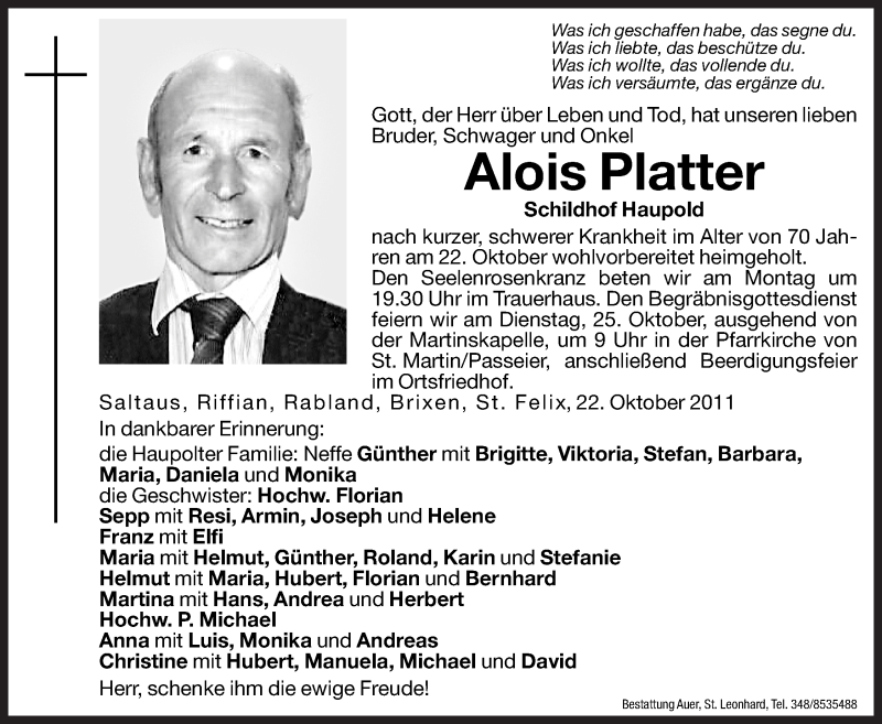  Traueranzeige für Alois Platter vom 24.10.2011 aus Dolomiten