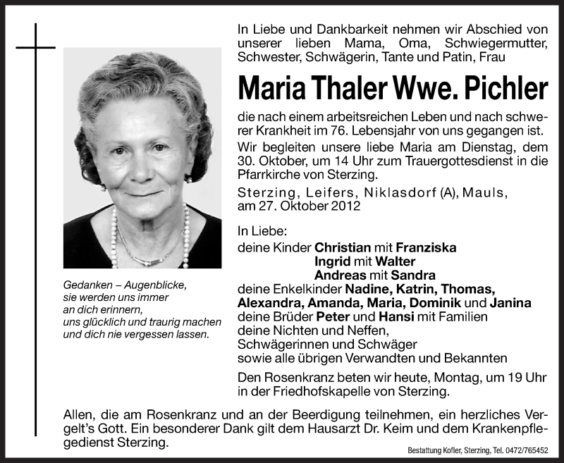  Traueranzeige für Maria Pichler vom 29.10.2012 aus Dolomiten