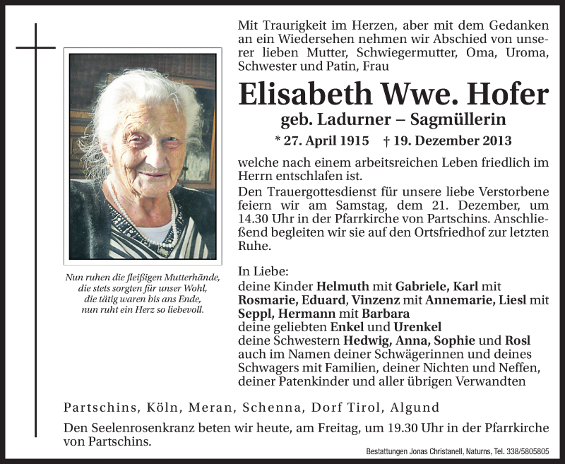  Traueranzeige für Elisabeth Hofer vom 20.12.2013 aus Dolomiten