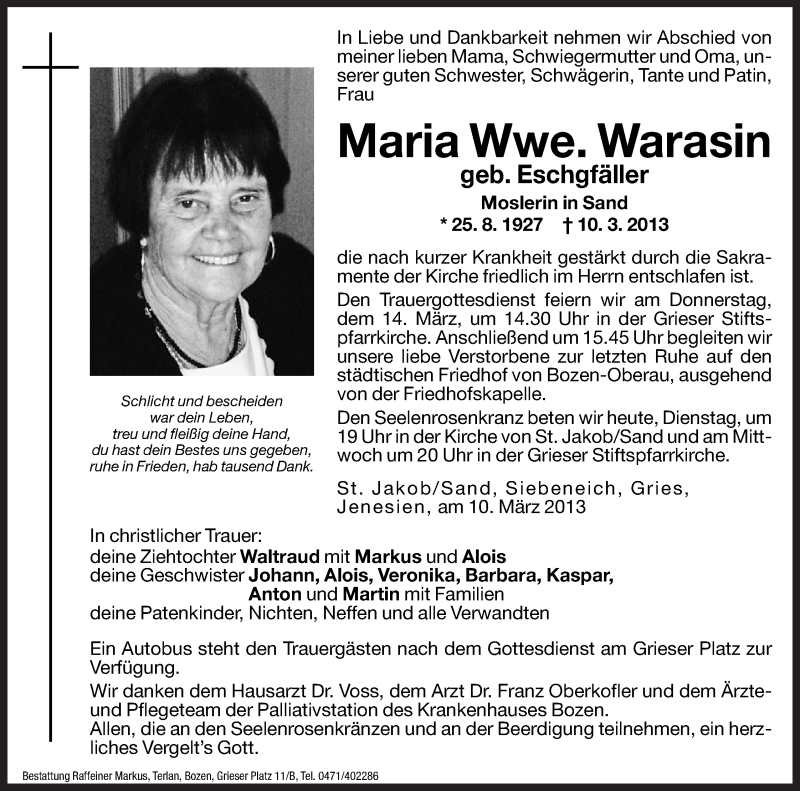  Traueranzeige für Maria Warasin vom 12.03.2013 aus Dolomiten