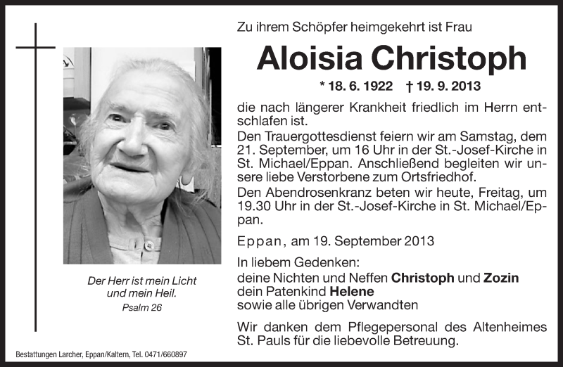  Traueranzeige für Aloisia Christoph vom 20.09.2013 aus Dolomiten