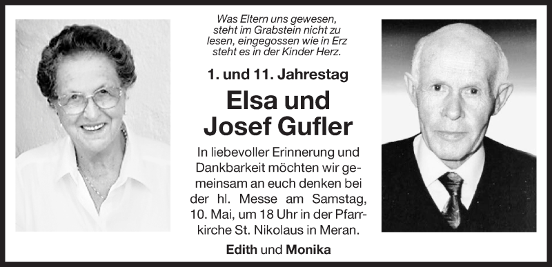  Traueranzeige für Elsa und Josef Gufler vom 05.05.2014 aus Dolomiten