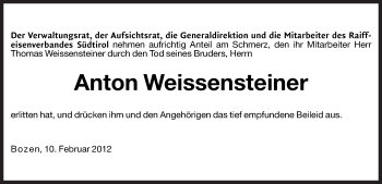 Traueranzeige von Anton Weissensteiner von Dolomiten