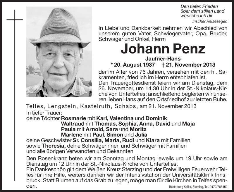  Traueranzeige für Johann Penz vom 23.11.2013 aus Dolomiten