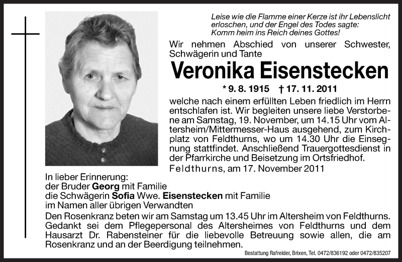  Traueranzeige für Veronika Eisenstecken vom 19.11.2011 aus Dolomiten