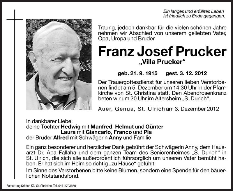  Traueranzeige für Franz Josef Prucker vom 04.12.2012 aus Dolomiten