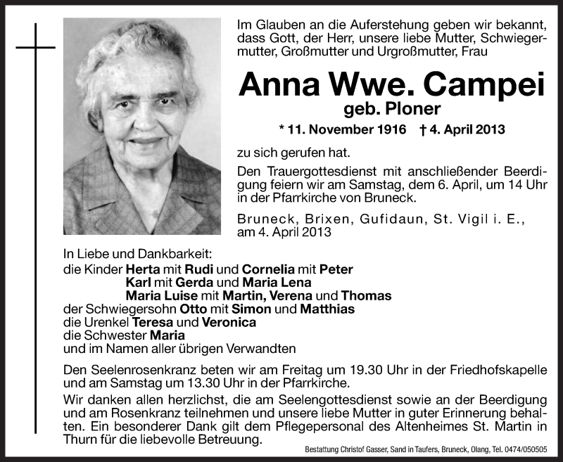  Traueranzeige für Anna Campei vom 05.04.2013 aus Dolomiten