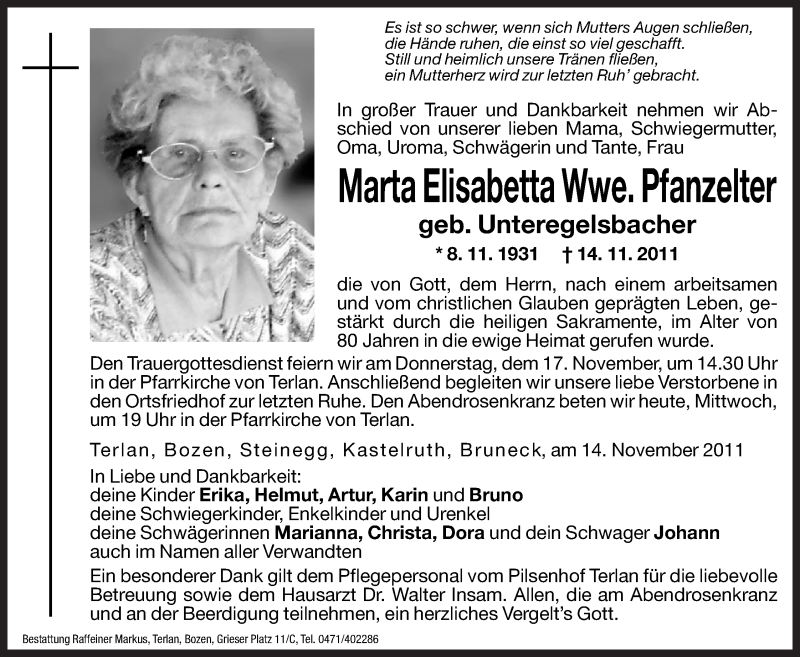  Traueranzeige für Marta Elisabetta Pfanzelter vom 16.11.2011 aus Dolomiten