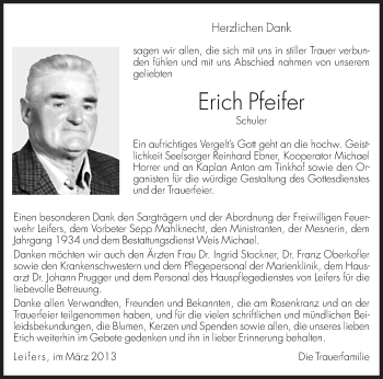 Traueranzeige von Erich Pfeifer von Dolomiten