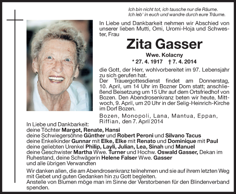  Traueranzeige für Zita Gasser vom 09.04.2014 aus Dolomiten