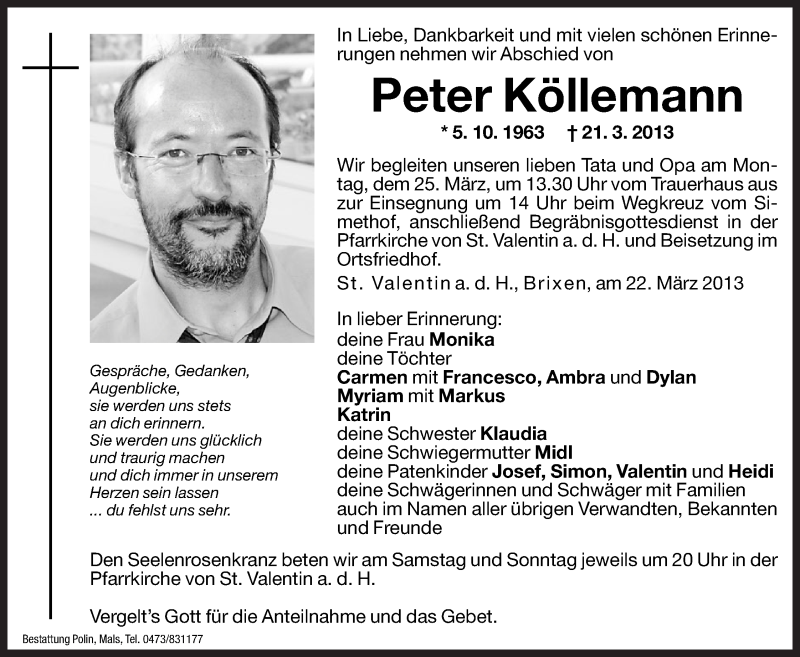  Traueranzeige für Peter Köllemann vom 23.03.2013 aus Dolomiten