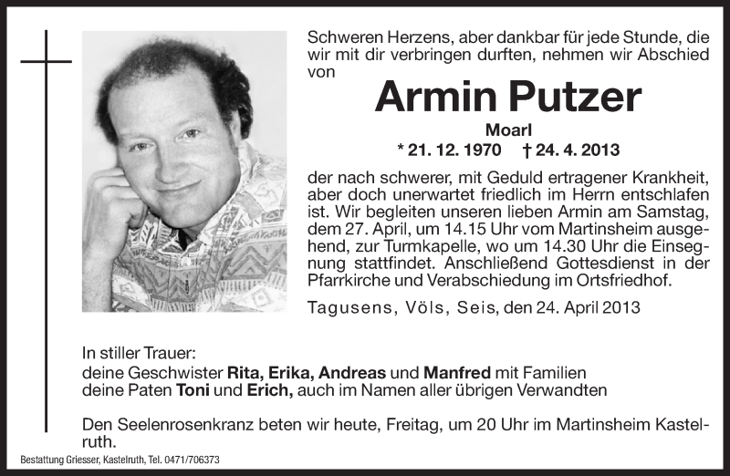  Traueranzeige für Armin Putzer vom 26.04.2013 aus Dolomiten