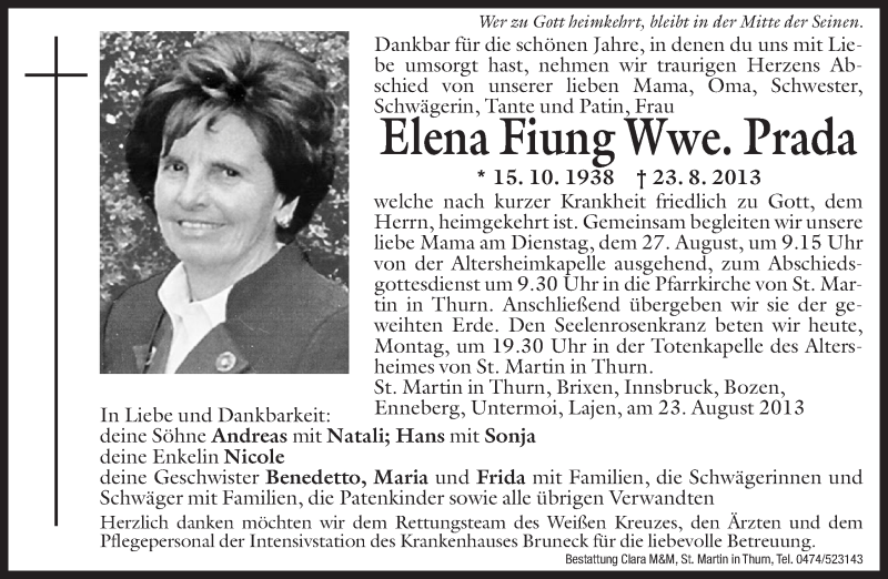  Traueranzeige für Elena Prada vom 26.08.2013 aus Dolomiten