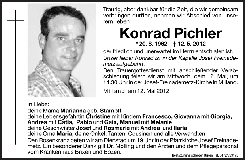  Traueranzeige für Konrad Pichler vom 15.05.2012 aus Dolomiten