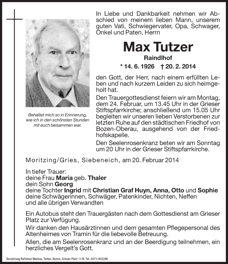  Traueranzeige für Max Tutzer vom 21.02.2014 aus Dolomiten