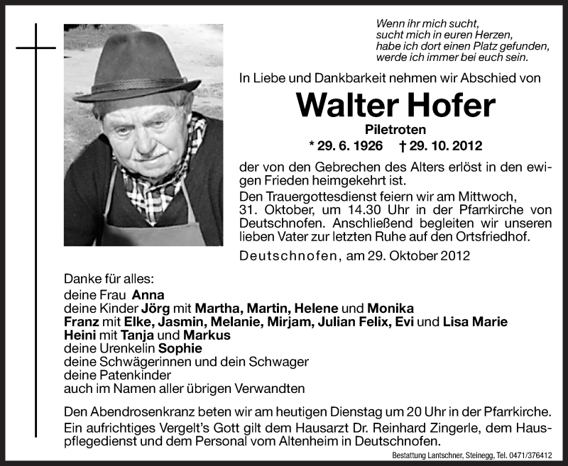  Traueranzeige für Walter Hofer vom 30.10.2012 aus Dolomiten