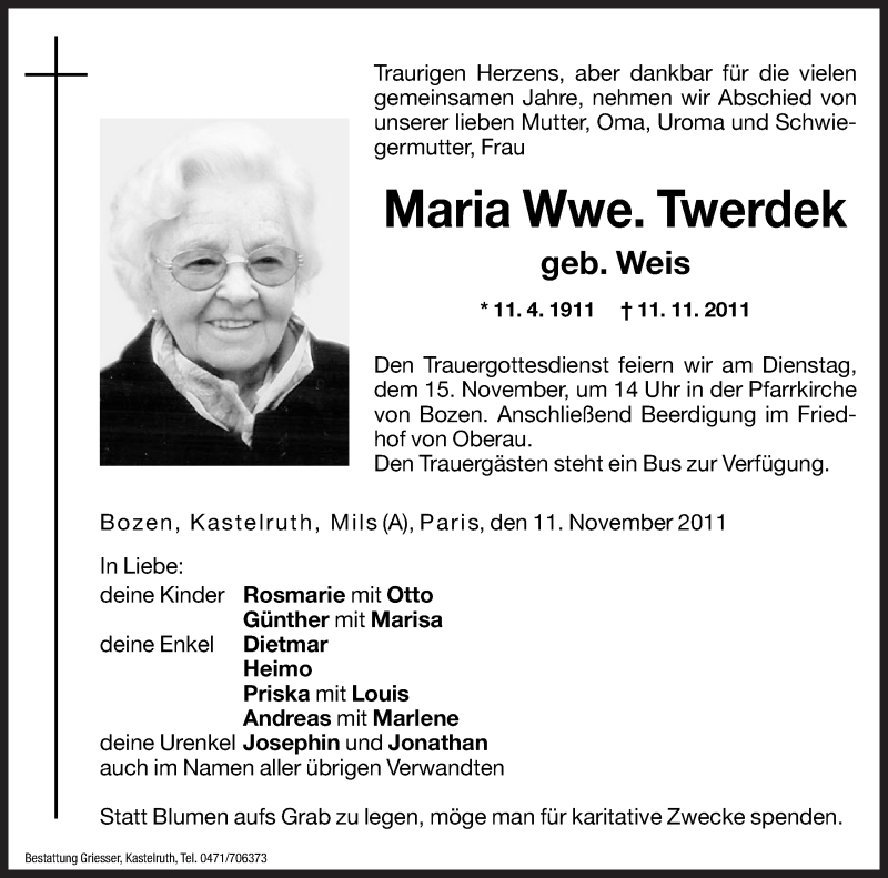  Traueranzeige für Maria Weis vom 14.11.2011 aus Dolomiten