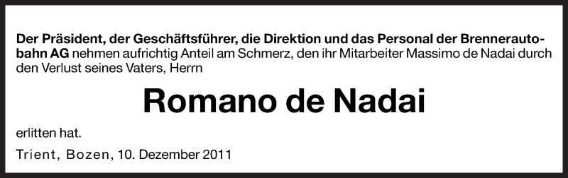  Traueranzeige für Romano de Nadai vom 10.12.2011 aus Dolomiten