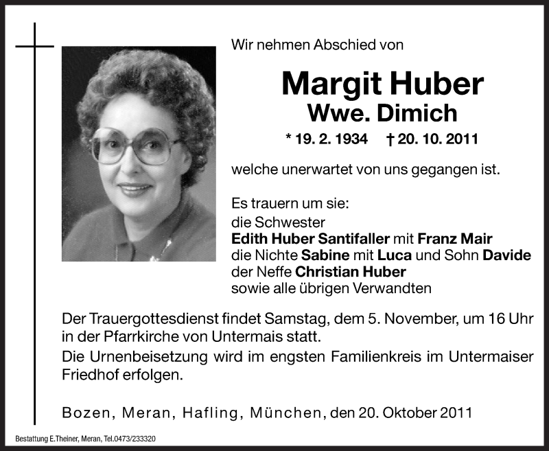  Traueranzeige für Margit Dimich vom 11.04.2011 aus Dolomiten