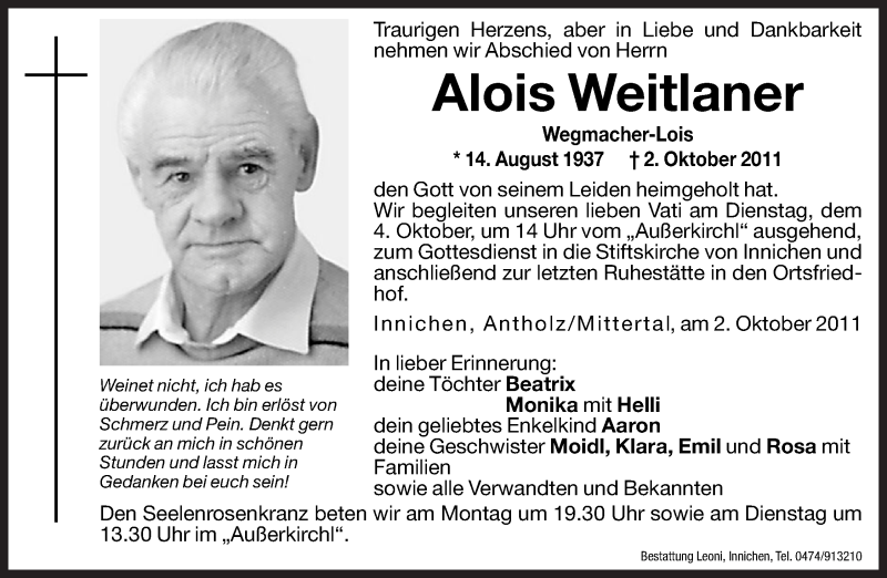  Traueranzeige für Alois Weitlaner vom 03.10.2011 aus Dolomiten