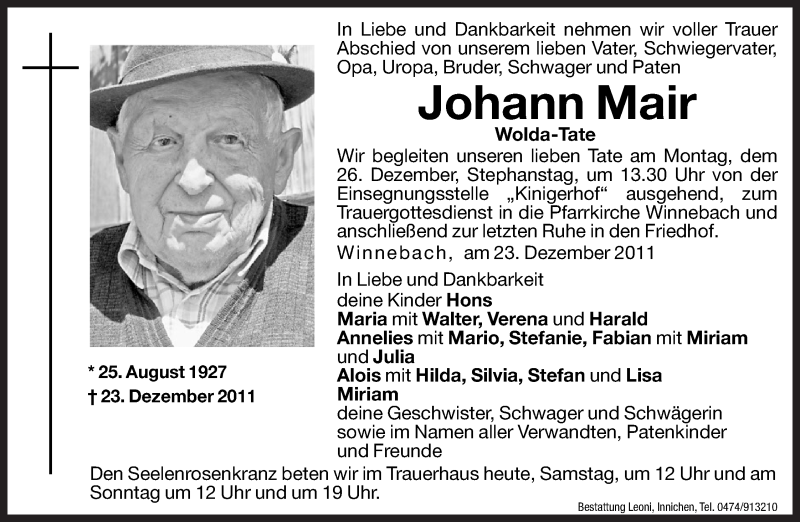  Traueranzeige für Johann Mair vom 24.12.2011 aus Dolomiten