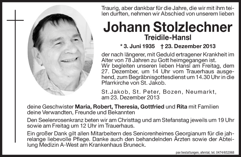  Traueranzeige für Johann Stolzlechner vom 24.12.2013 aus Dolomiten