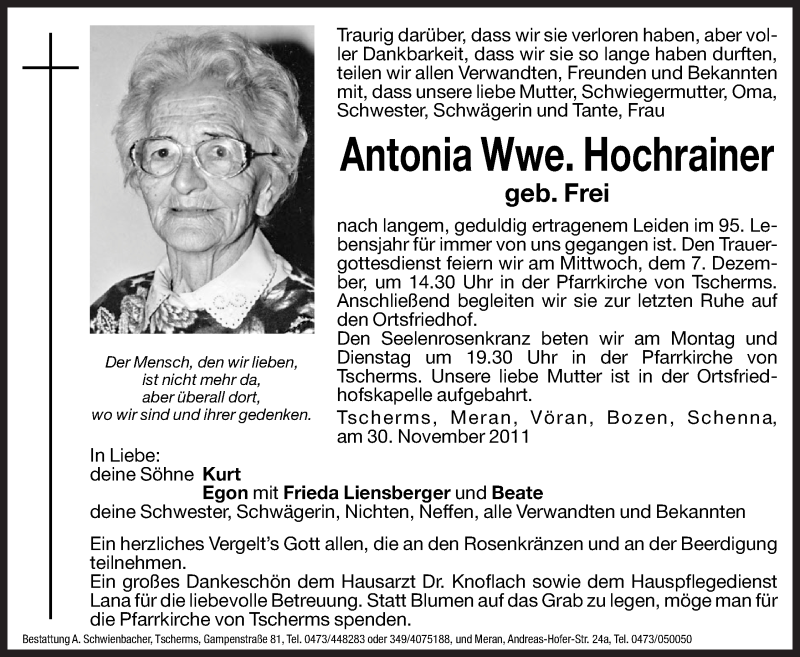  Traueranzeige für Antonia Hochrainer vom 05.12.2011 aus Dolomiten