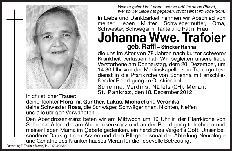  Traueranzeige für Johanna Trafoier vom 19.12.2012 aus Dolomiten