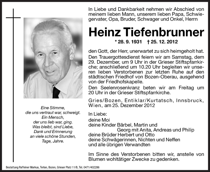  Traueranzeige für Heinz Tiefenbrunner vom 28.12.2012 aus Dolomiten