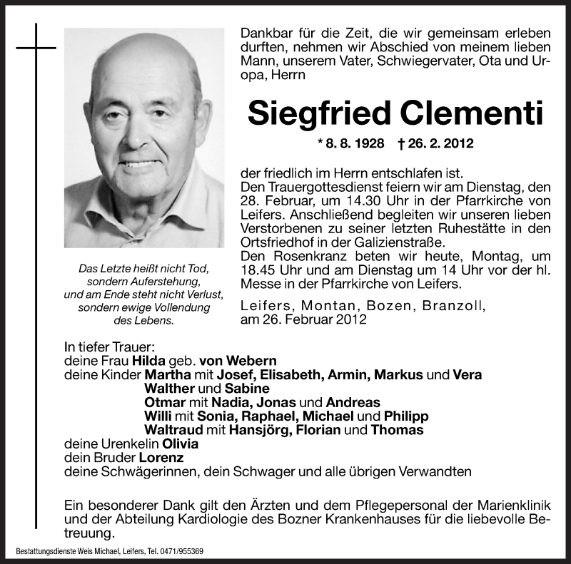  Traueranzeige für Siegfried Clementi vom 27.02.2012 aus Dolomiten