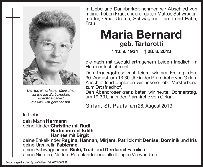  Traueranzeige für Maria Bernard vom 29.08.2013 aus Dolomiten