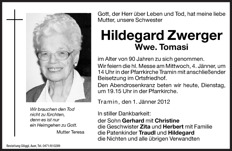  Traueranzeige für Hildegard Tomasi vom 03.01.2012 aus Dolomiten