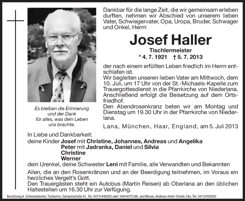  Traueranzeige für Josef Haller vom 08.07.2013 aus Dolomiten