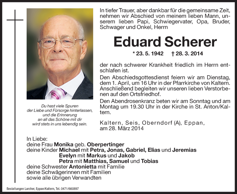  Traueranzeige für Eduard Scherer vom 29.03.2014 aus Dolomiten